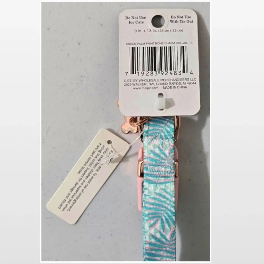 New Dog Collar Small Adjustable Pet Animal Green Tropical Leaves Pink NWT